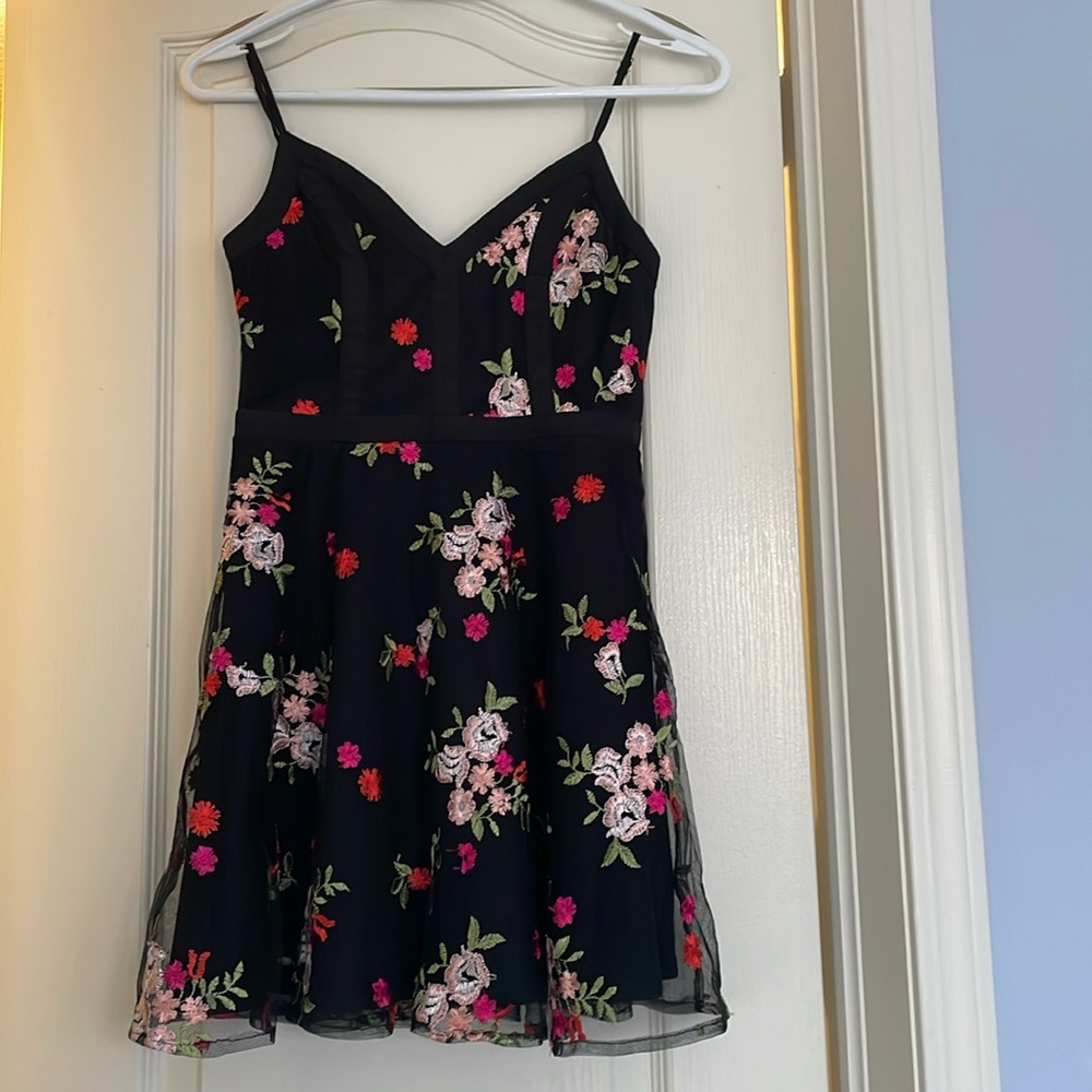 Floral black mesh embroidered skater dress